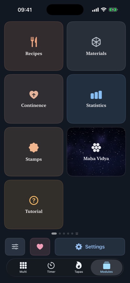 The Modules tab, with tiles for Recipes, Materials, Continence, Statistics, Stamps, Maha Vidya and the Tutorial