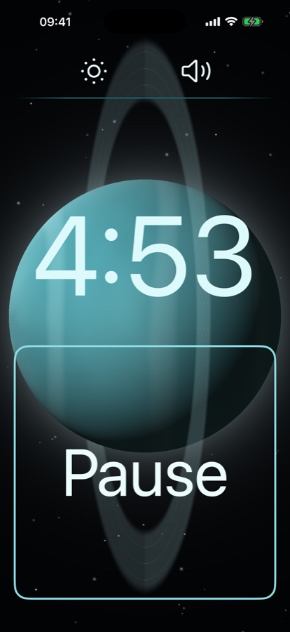 The YoTa timer counting down over a ringed planet drawn in Metal, on a starfield